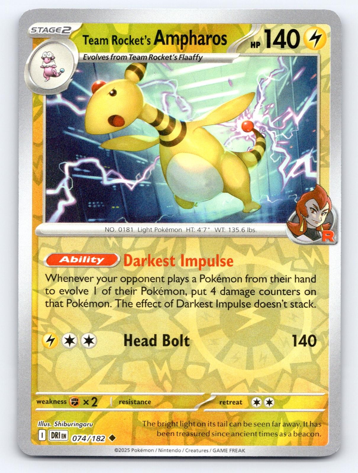 Team Rocket\'s Ampharos 074/182 Uncommon Destined Rivals Pokemon Reverse Holo LP