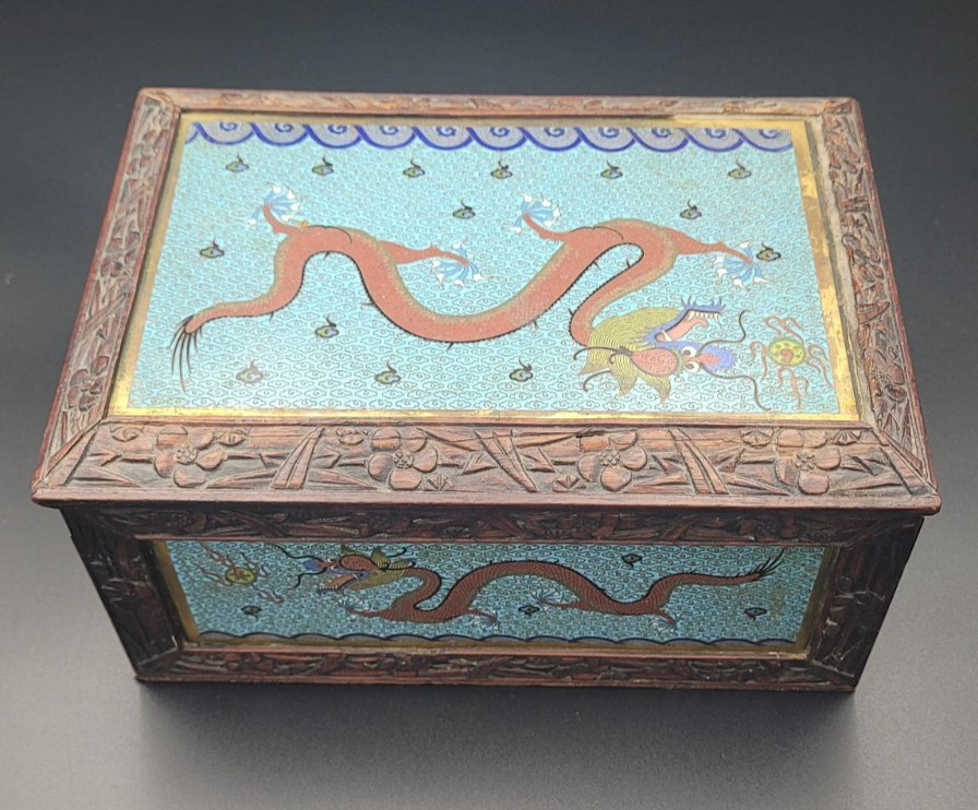 Antique Chinese Cloisonne Enamel Wooden Box Carved Dragon Trinket Jewelry Chest