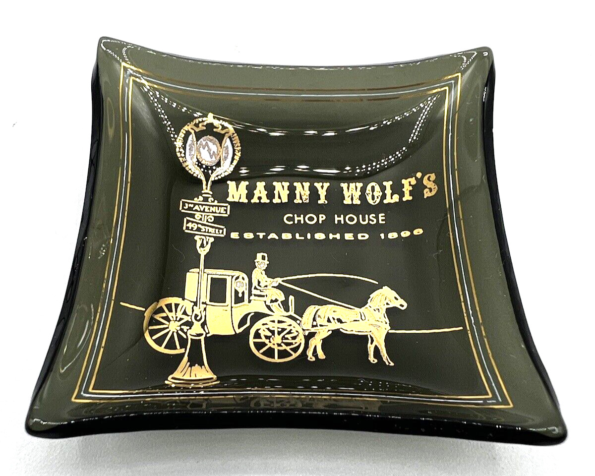 Vintage Mini Square-Manny Wolf\'s Chop House Smoked Glass Ashtray  2 1/2\