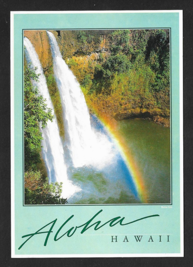 ALOHA from HAWAII Postcard - Wailua Falls with Rainbow on Wailua River in Kauai