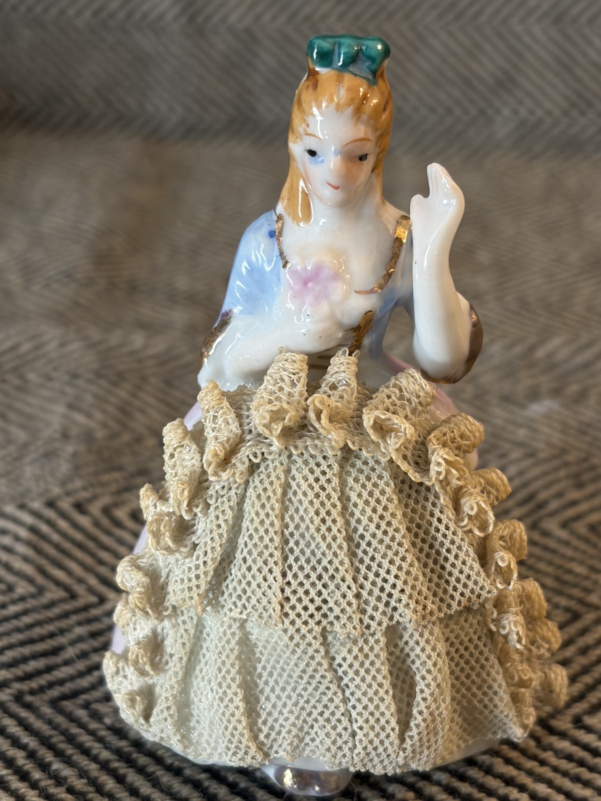 Vintage Miniature Porcelain Victorian Lady Starched Stiffened Dresden Lace Japan
