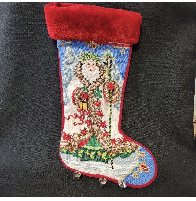 Vintage Large Hand Worked Needlepoint Santa Christmas Stocking W Jingle Bells