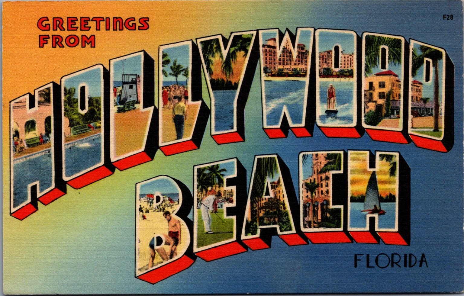 Greetings From Hollywood Beach Florida Large Letter Linen Postcard Tichnor