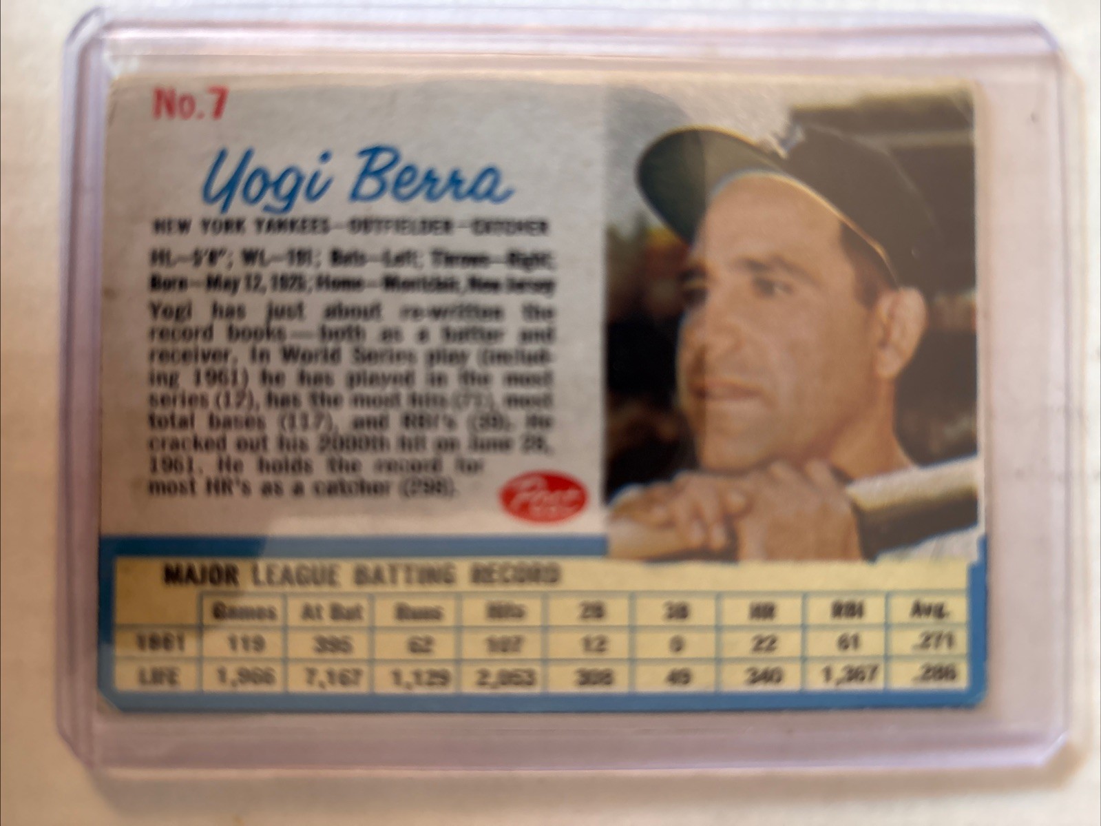 ✅1962 Post - Yogi Berra #7 New York Yankees ✅
