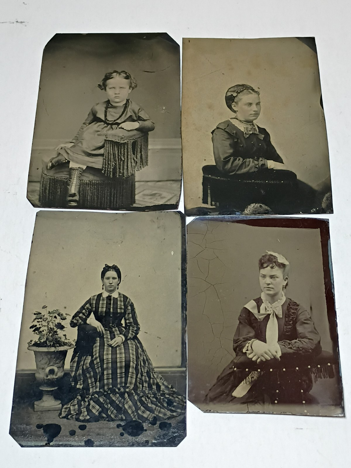 Antique Photos Tintype Lot of 4 Pretty Women Girls Fancy Dresses