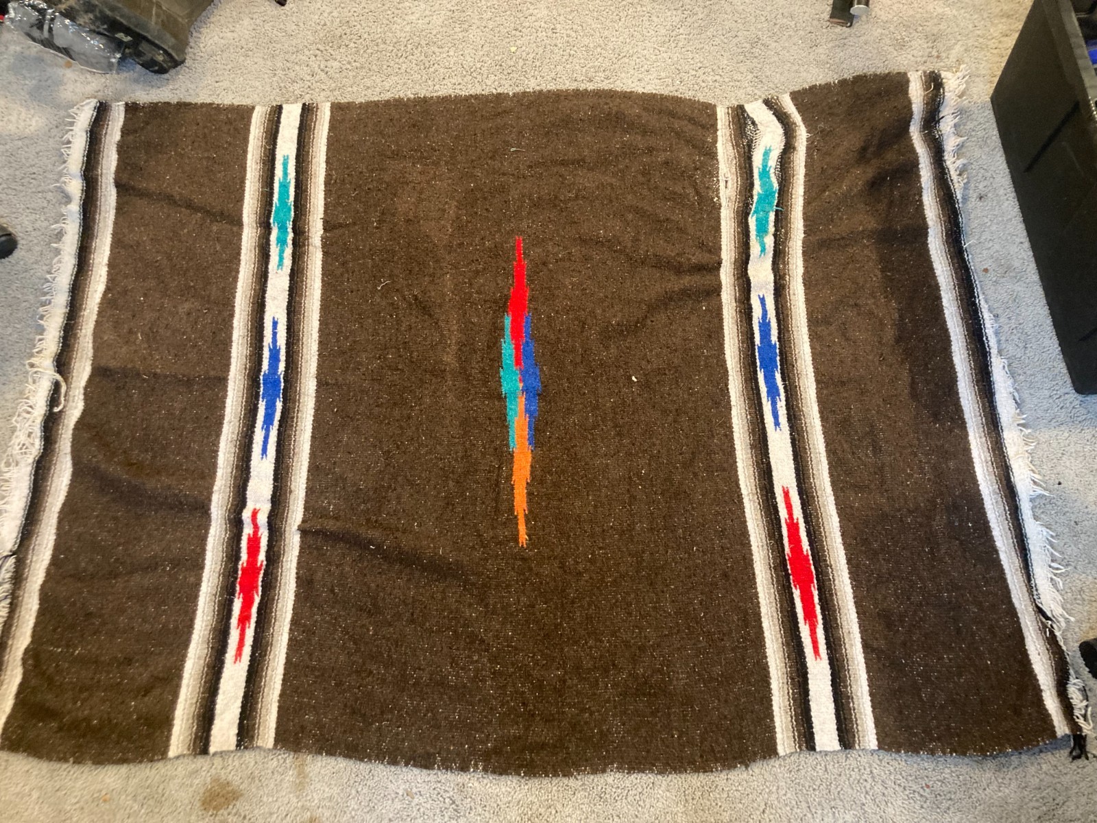 Vintage Mexican Serape Saltillo Blanket Rug Brown Southwest Hand Woven Fring