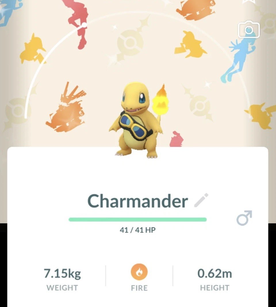 Pokémon Go-Shiny Charmander-✨wearing Friede\'s goggles-with Background-TRADE