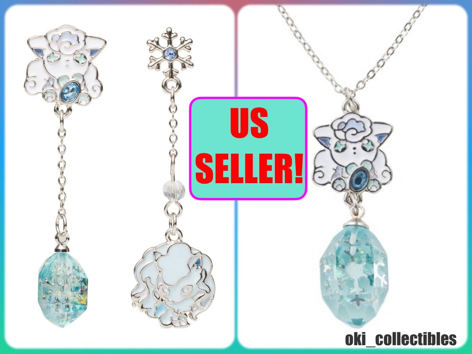 ❄️ Pokemon Center Japan Alolan Vulpix Pierced Earrings Necklace Accessory Lot❄️