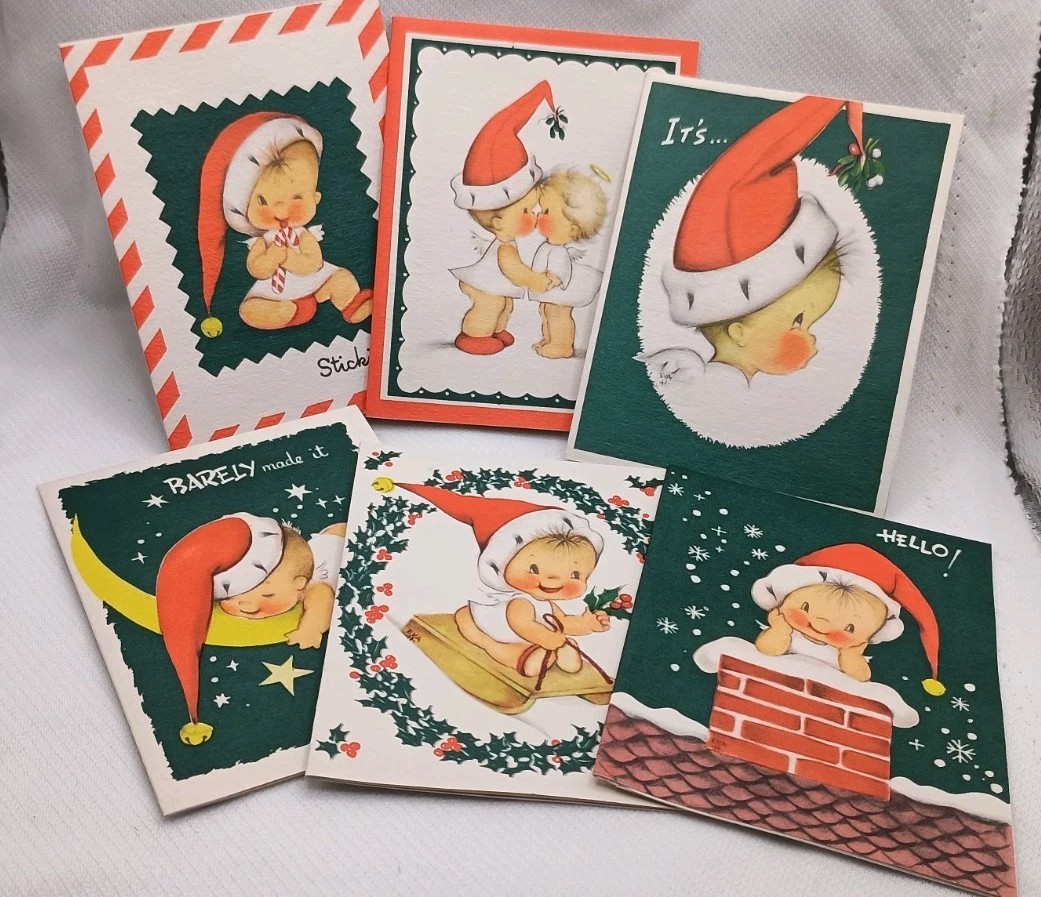 12 VTG Christmas Cards 50s 60s Crestwick box 6 designs EVA baby angel Santa Moon