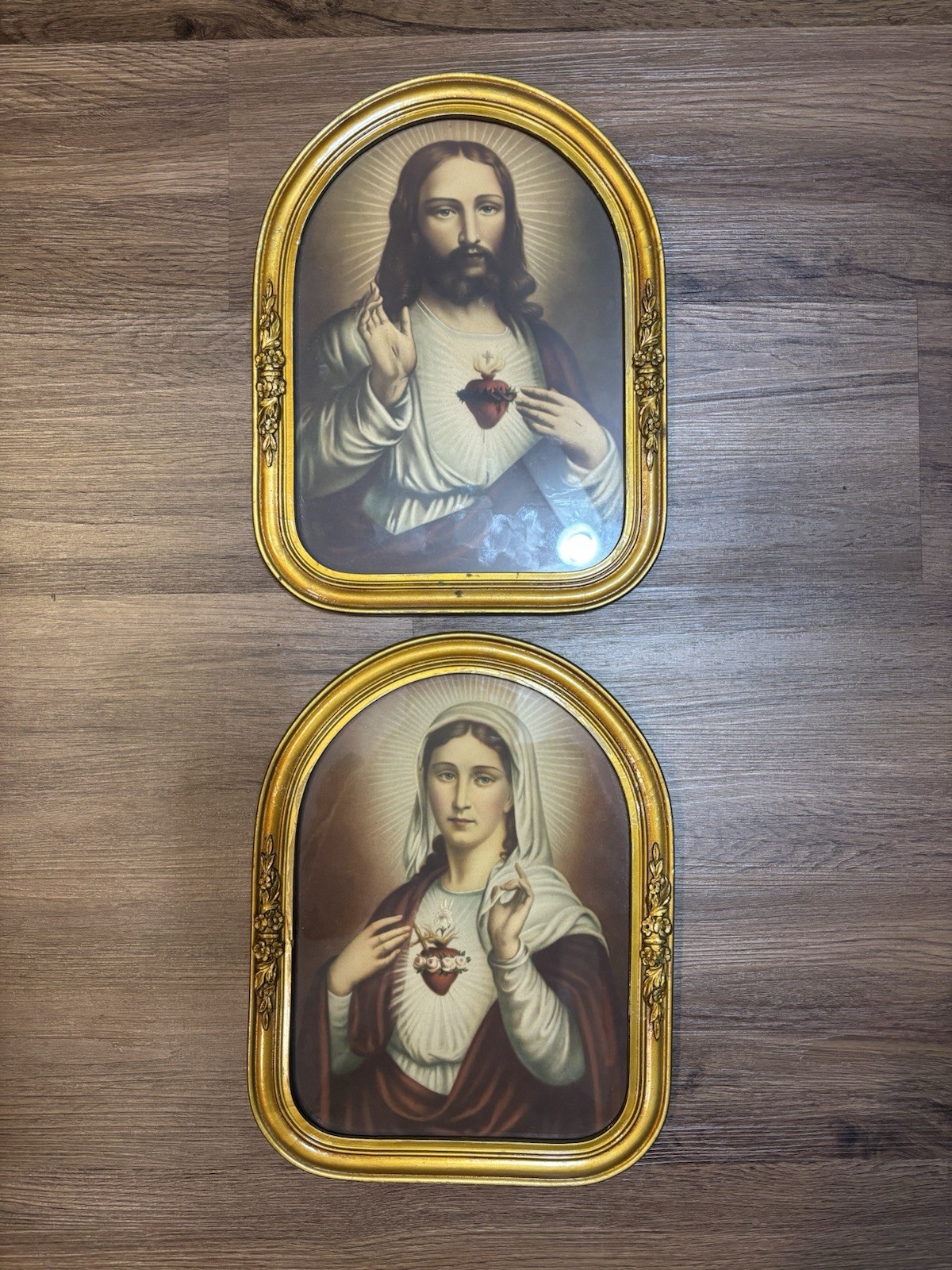 Vintage Sacred Heart of Jesus and Immaculate Heart Of Mary Mini Framed Print Set