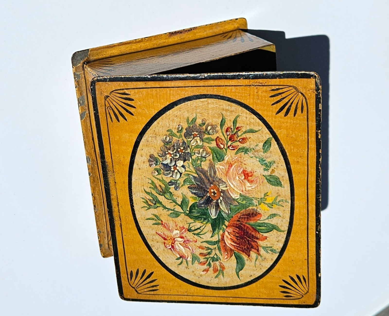 Antique hand-painted toleware tin box floral bouquet/mustard yellow ground 4.75\