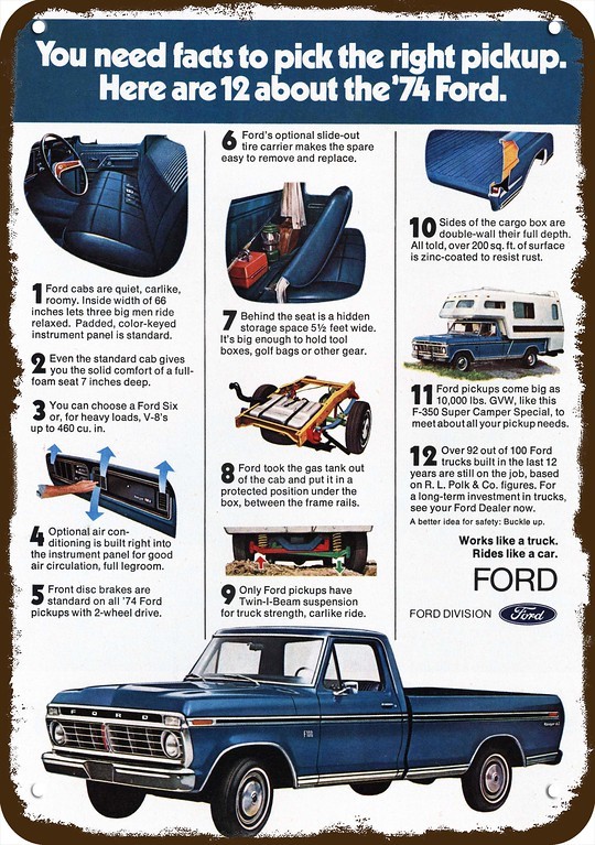 1974 FORD F100 PICKUP TRUCK & F-350 Super Camper DECORATIVE REPLICA METAL SIGN