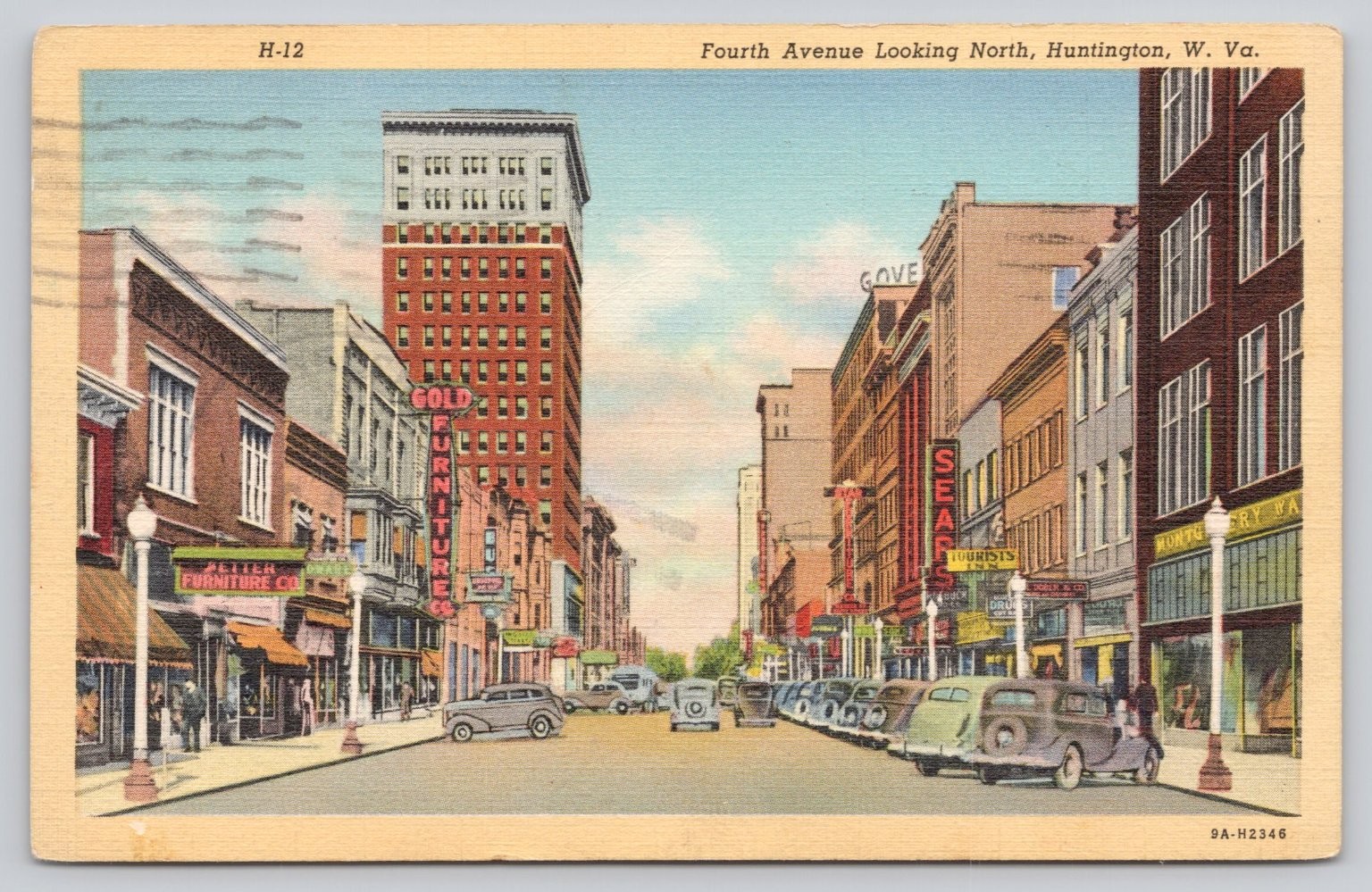1942 Huntington, WV Fourth Avenue North Curteich Linen Postcard Gold Furniture