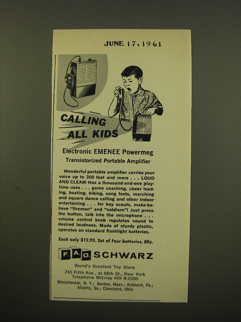 1961 FAO Schwarz Electronic Emenee Powermeg Amplifier Advertisement
