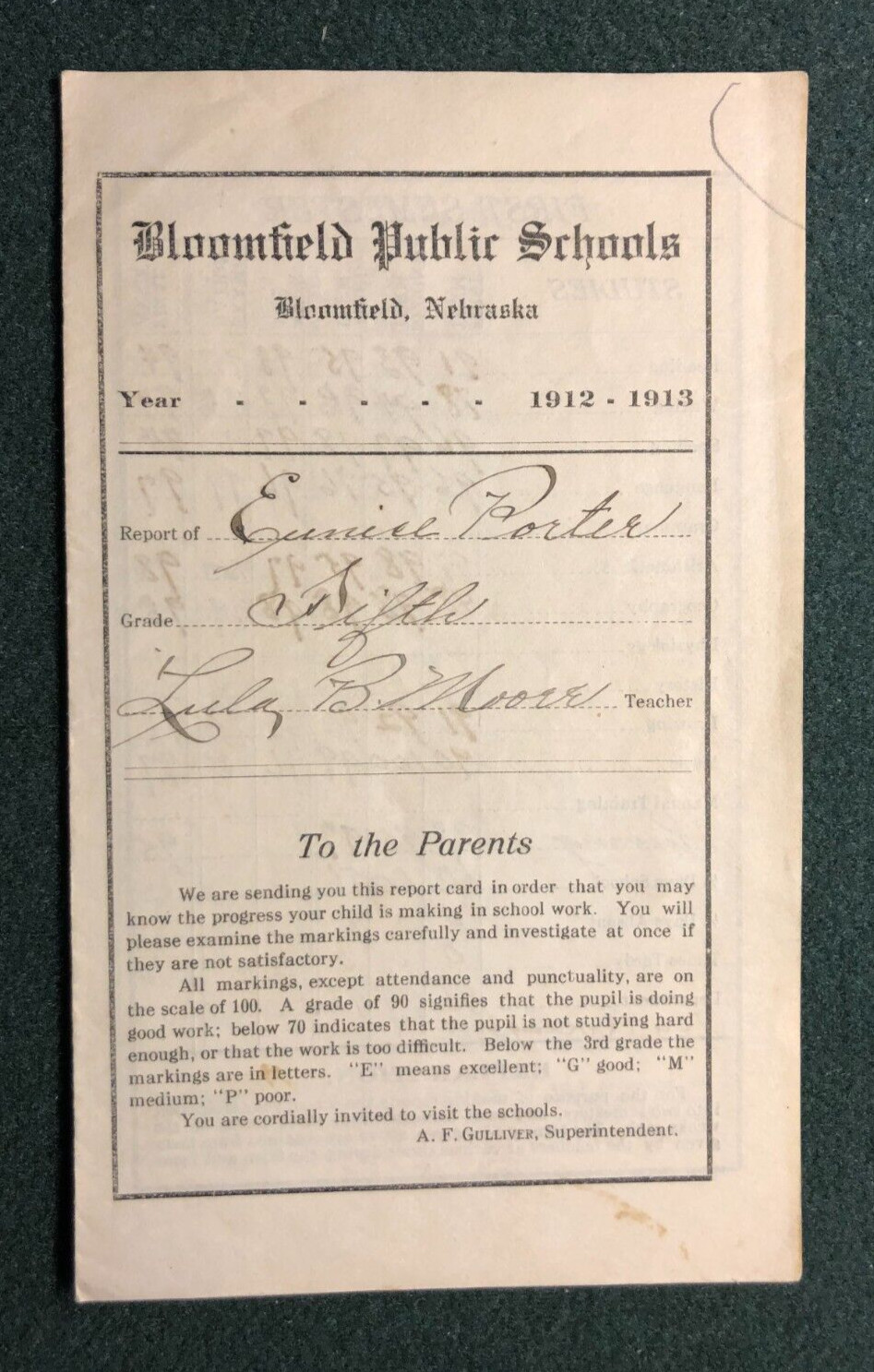 Bloomfield Public Schools Report Card 1912-1913 Bloomfield Nebraska