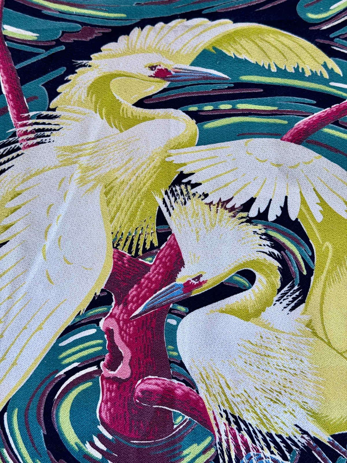 RARE 1940’s Egrets on SWIRL Miami Beach Art Deco  Birds Barkcloth Vintage Fabric