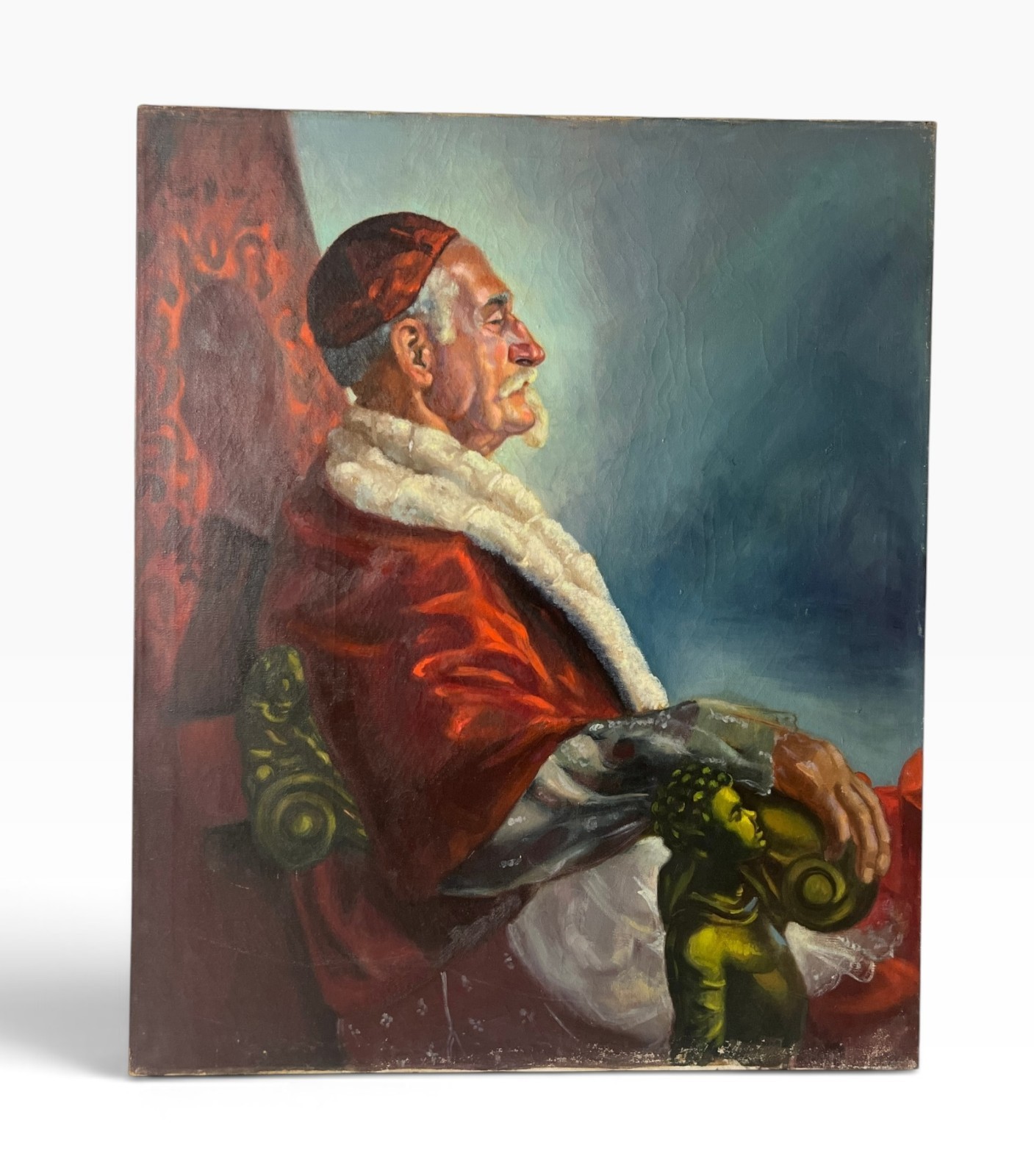 Portrait of Seated Elder in Red Robe with Small Figure