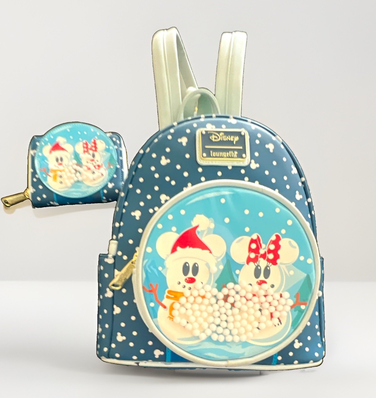 Loungefly Disney Mickey & Minnie Snowman Mini Backpack w Zip Around WALLET Blue