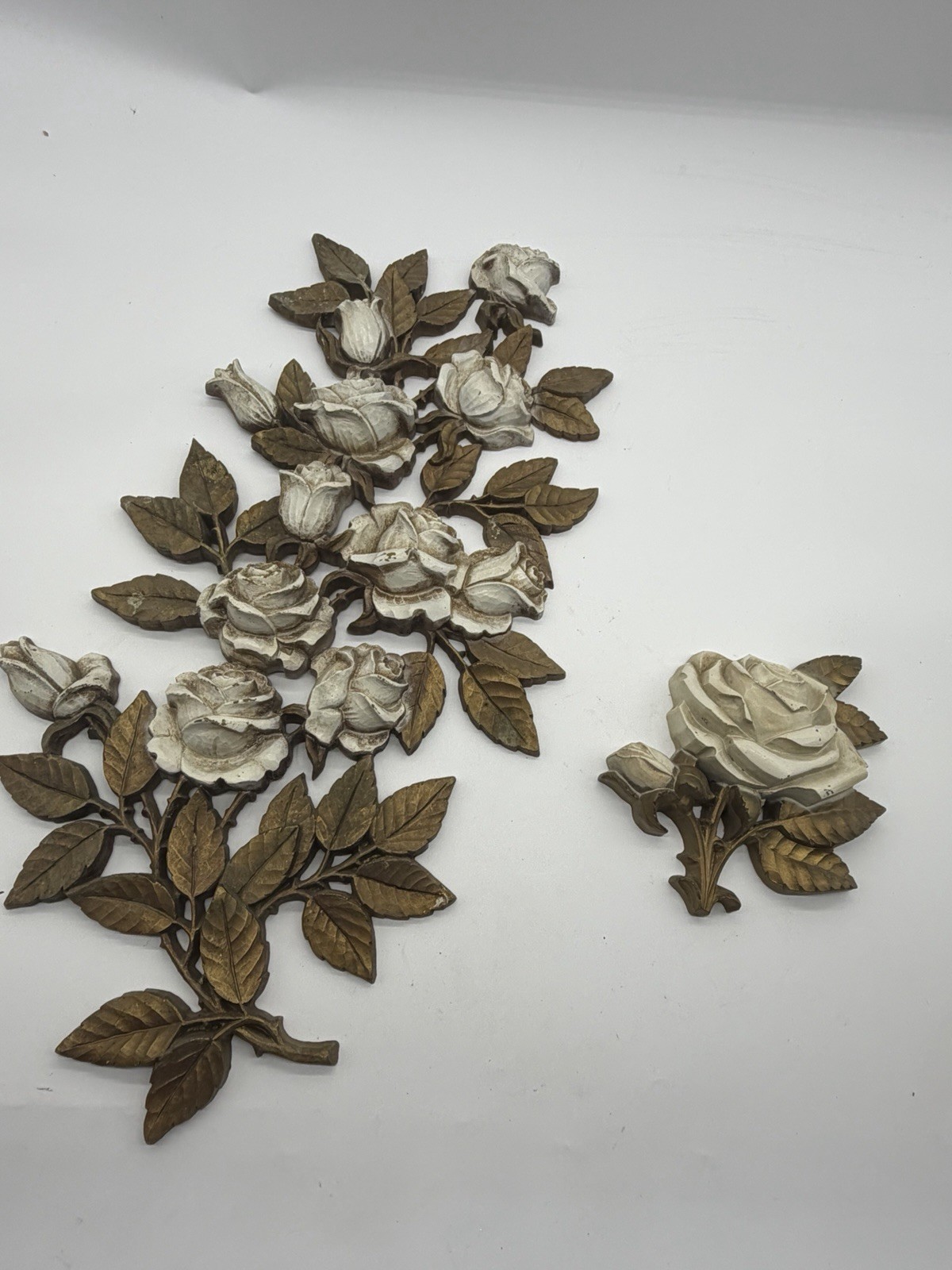 Vintage MCM Boho HMCO 1970s Rose 3D Plaque USA White Gold 21x11 Decorative 2 Pc