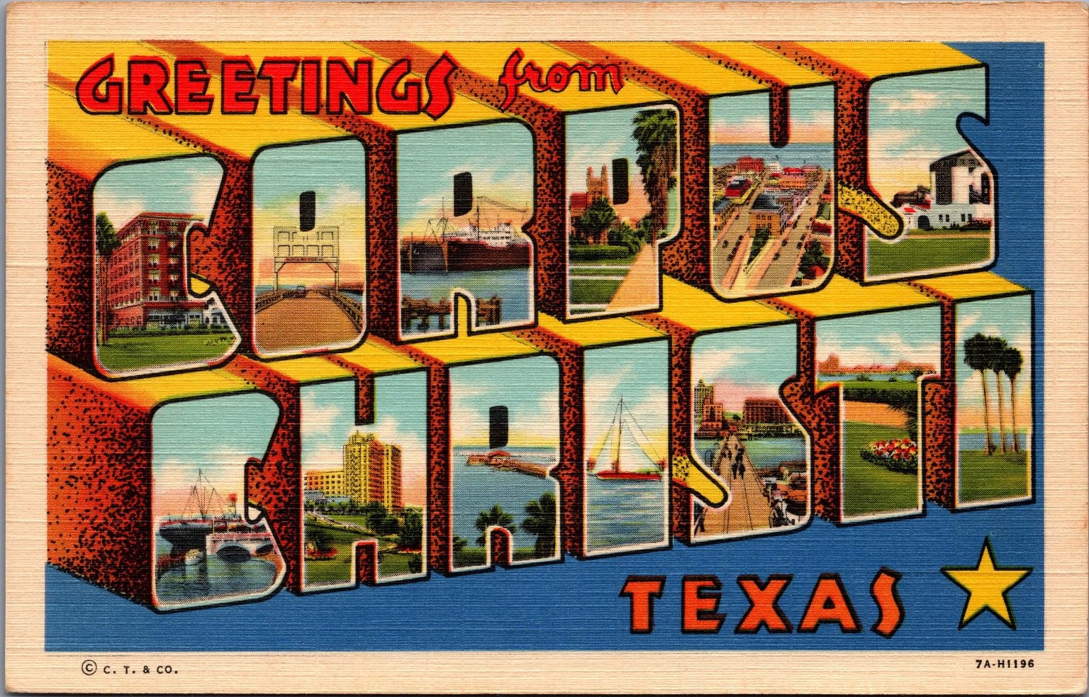 Greetings from Corpus Christi Texas Large Letter Linen Postcard 1930s