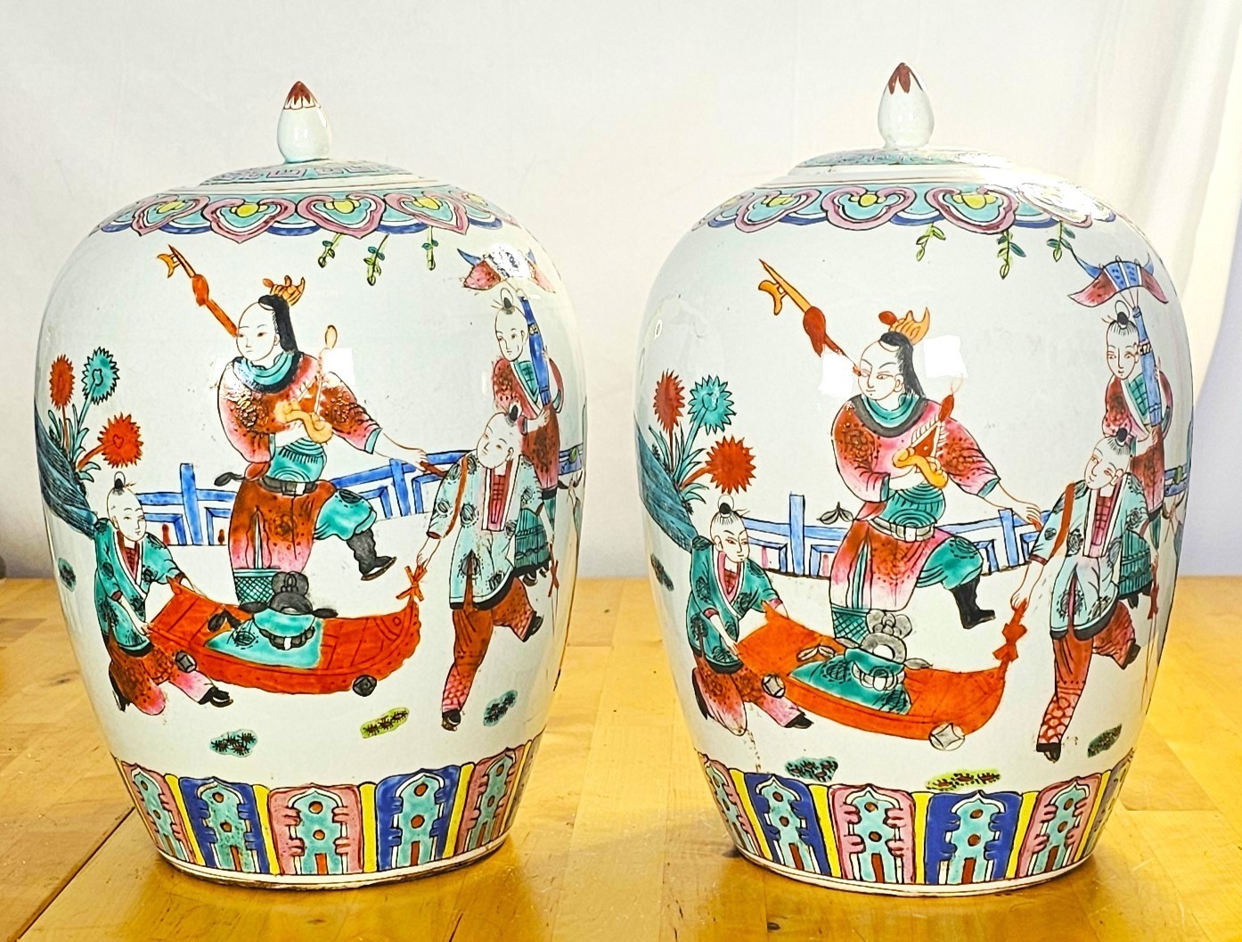 Pair Chinese Famille Rose Melon Ginger Jars w Lid Reign Mark Vintage 13\