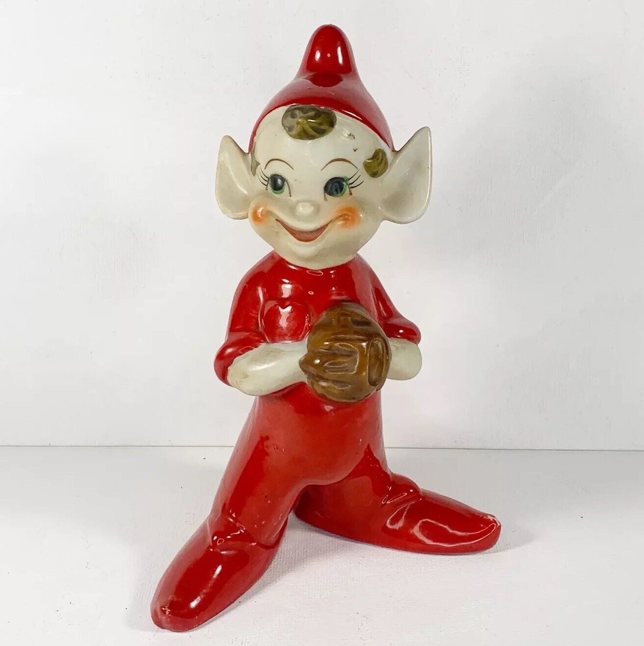 Vintage Thames Ceramic Pixie Elf 6” Baseball Figurine MCM 1950’s Christmas Japan