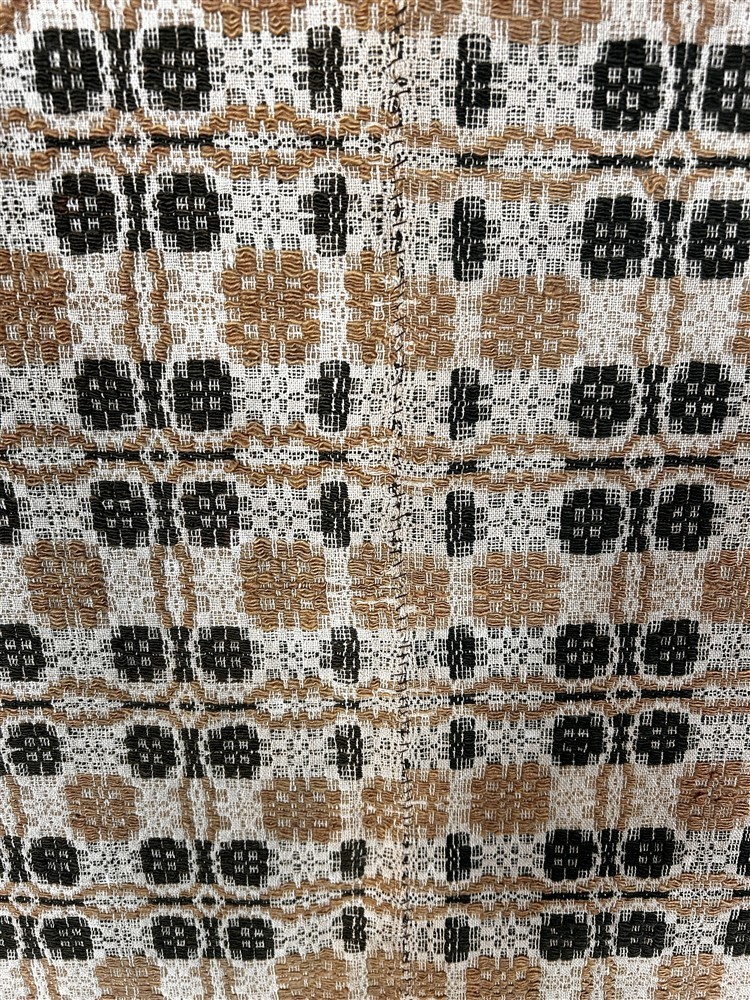antique coverlet three color gold brown cream 80x83 center seam original 19thc