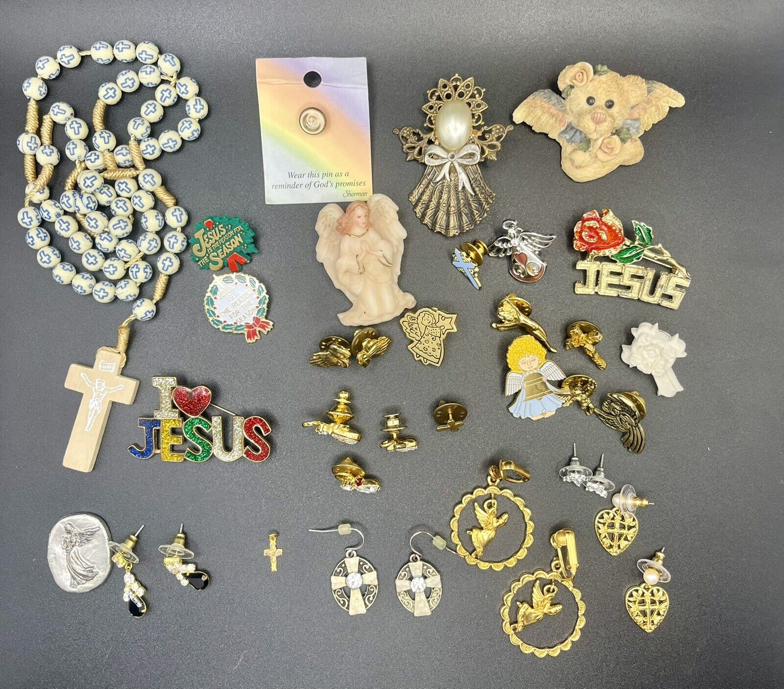 Religious Jewelry Lot Christian Pins Earrings Rosary Jesus Angels Crosses.