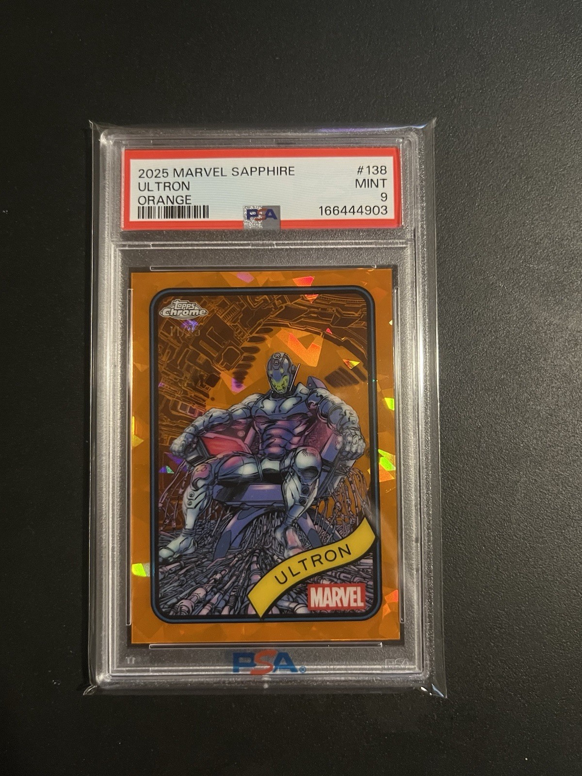 2025 Topps Chrome Marvel Sapphire Ultron #138 Refractor Orange /25 PSA 9