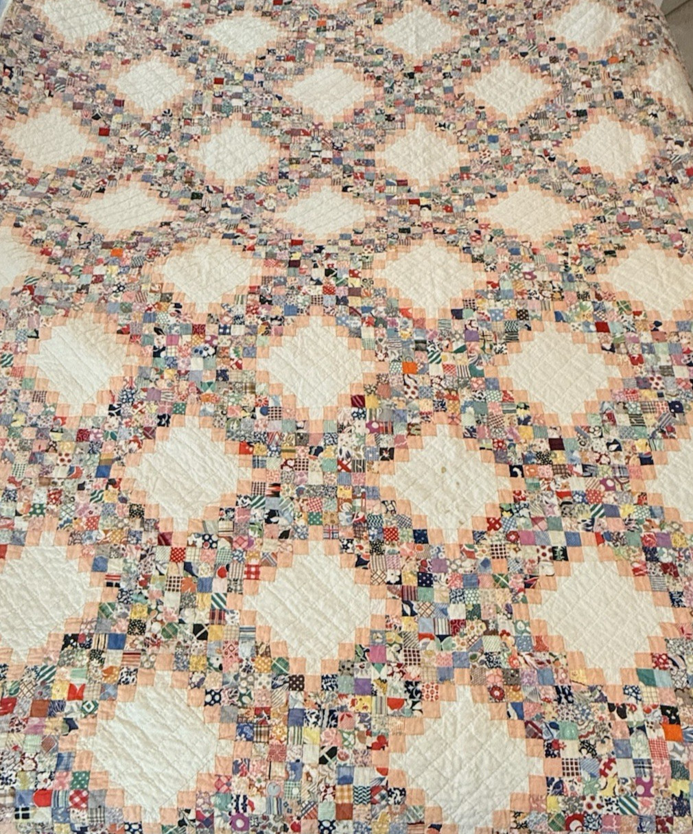 Vtg Lg Postage Stamp Irish Chain Quilt 72x82 Feed Sack Hand Stitched 1930s-40s