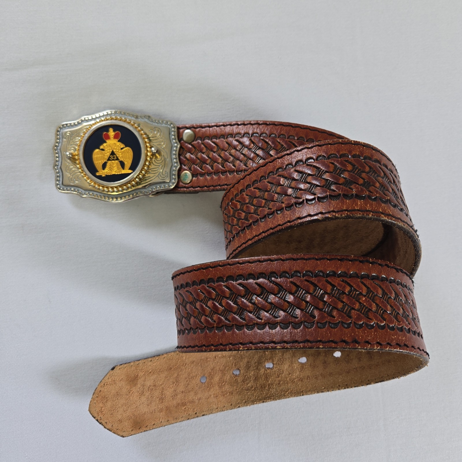 Vintage Masonic 33rd Degree Scottish Rite Buckle & Leather Belt Mens 36 USA