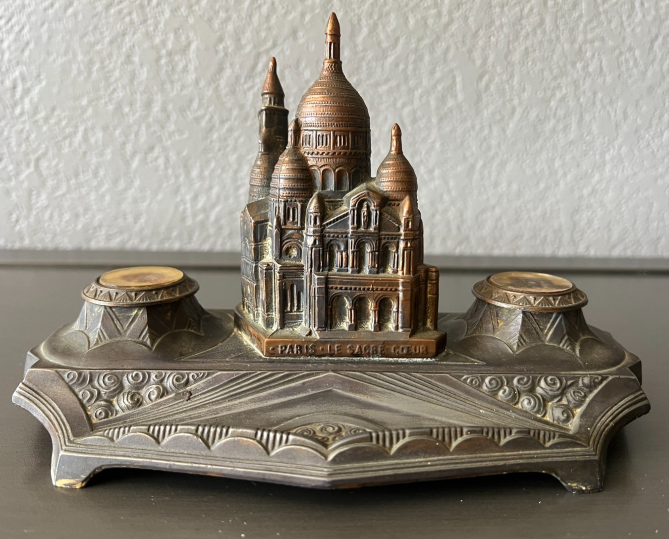 Antique 1920s-1940s WW2 Paris Sacre Couer Bronze Souvenir Inkwell With Pen Rest