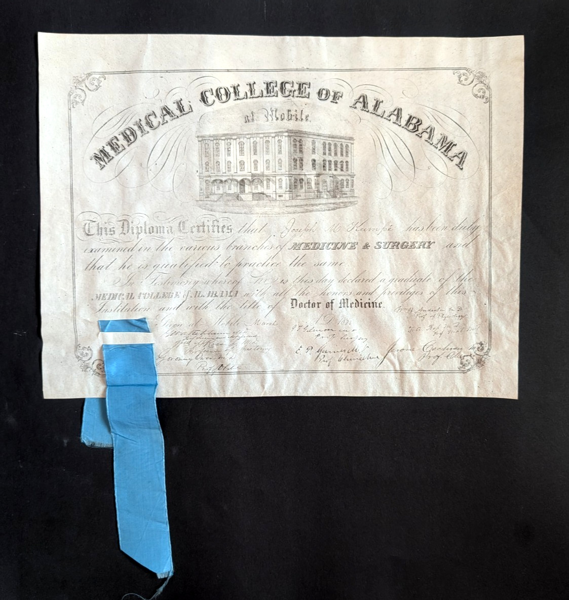 Antique 1873 Medical College of Alabama, Mobile Diploma, Joseph Kumpe, E. Gaines
