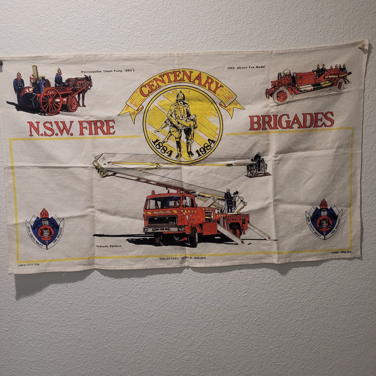 Vintage N.S.W. Fire Brigades Centenary 1884-1984 Hand Printed Cotton Banner