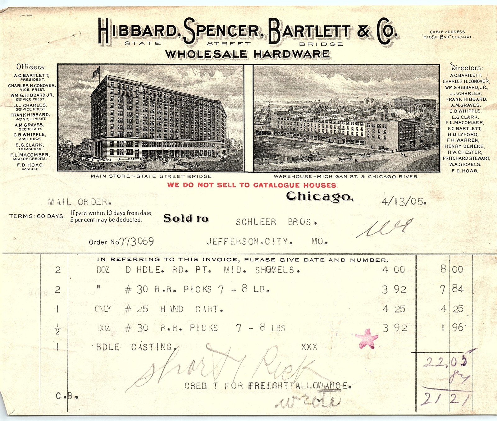 1905 Hibbard Spencer Bartlett Wholesale Hardware Billhead