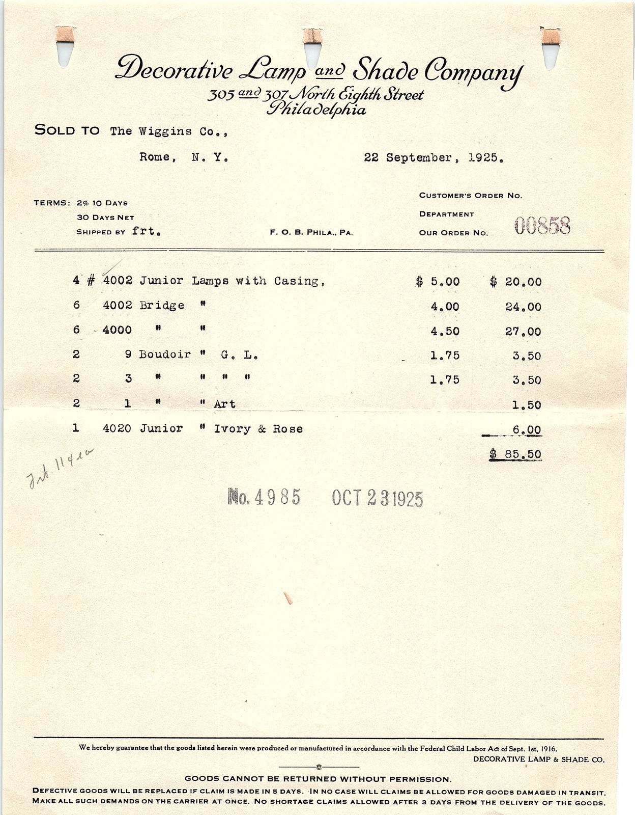 1925 Philadelphia Decorative Lamp Co. invoice w/ lamps