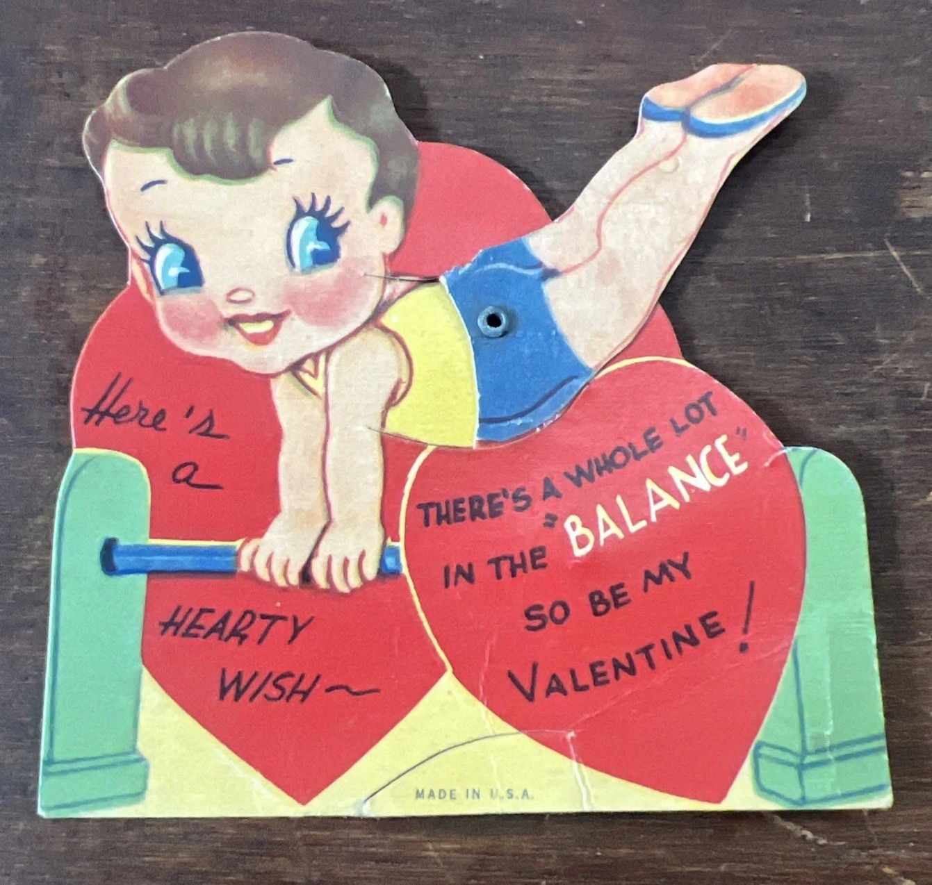 Vintage Valentines Day Card Little Girl Gymnastics Moveable Mechanical
