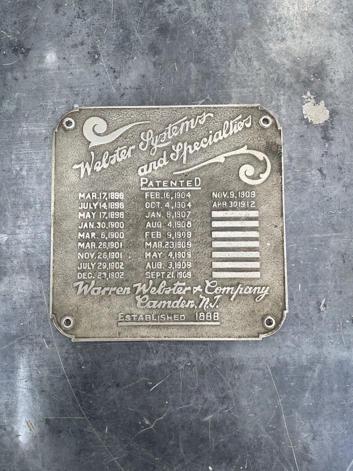 Antique Early 1900’s Warren Webster & Co Camden N. J. Boiler Bronze Plate Antique Early 1900’s Warren Webster & Co Camden N. J. Boiler Bronze Plate
