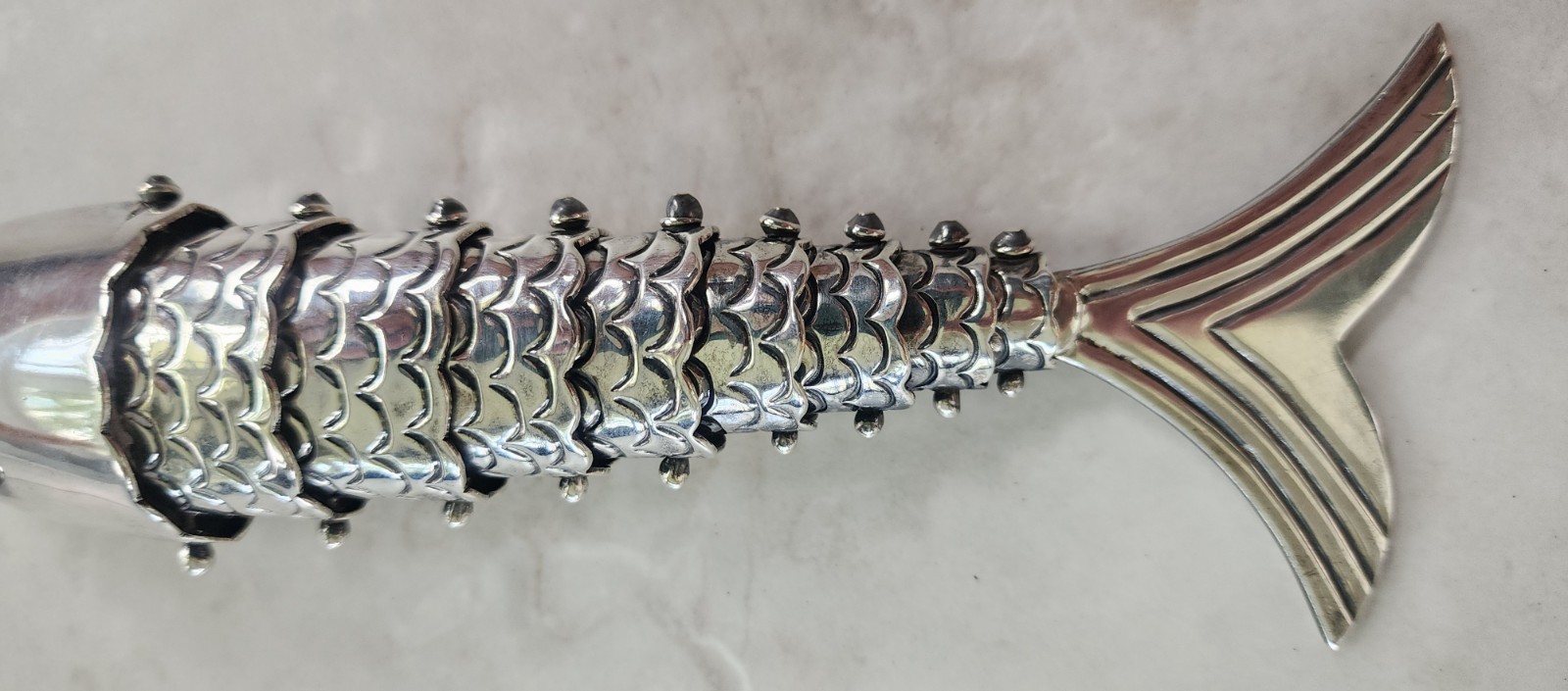 Vintage Articulated Fish Bottle Opener Silver Plated Mexico 7.5” Ornate