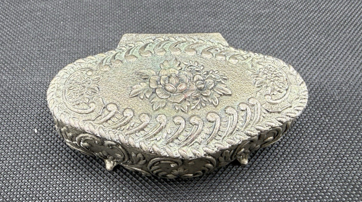 VTG Victorian Ornate Cast Metal Jewelry Trinket Box Velvet Lined Lux Vanity