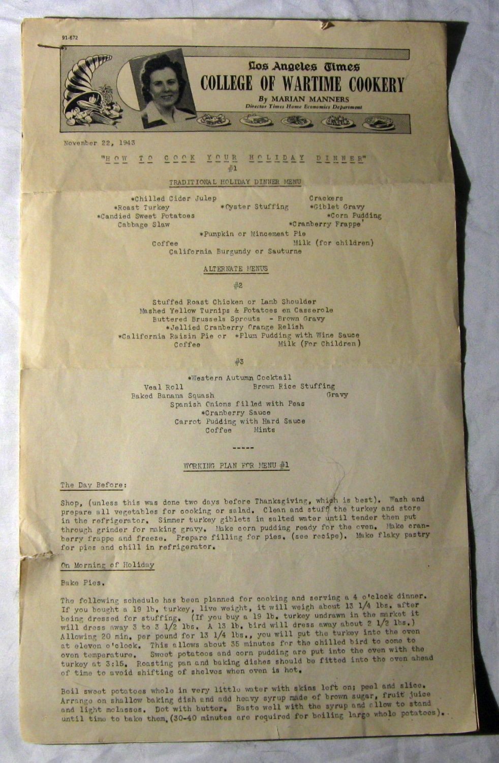 LA Times College of Wartime Cookery 1943 by Marian Manners Thanksgiving recipes