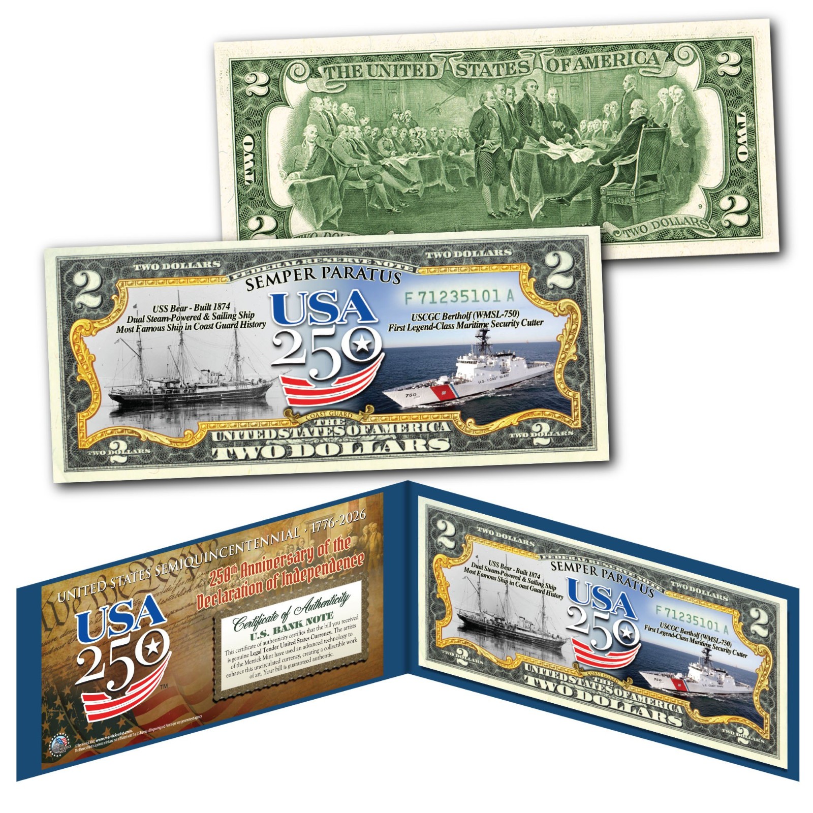 COAST GUARD - USA America 250 Anniversary USS Bear Historic Ship Genuine $2 Bill