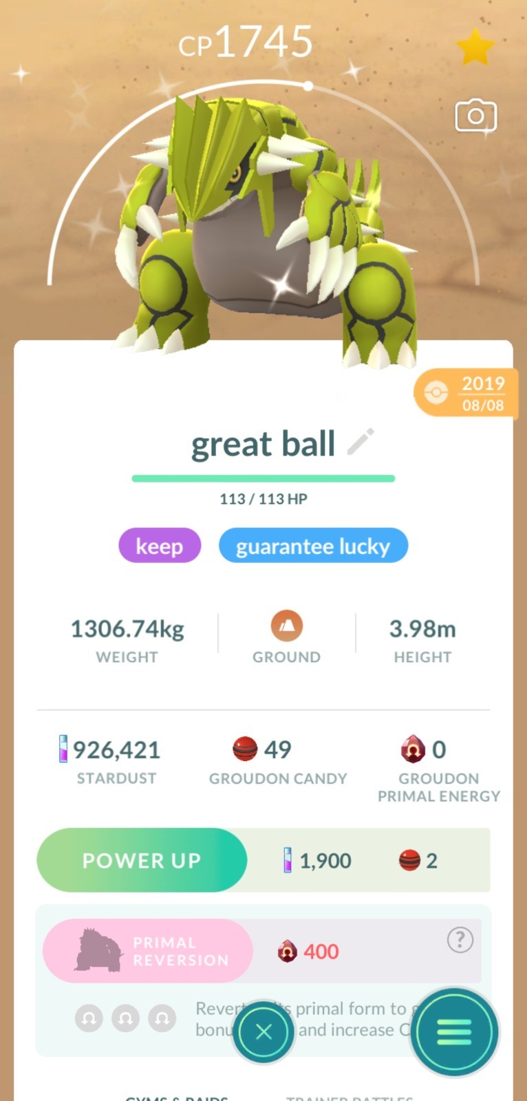 Pokémon GO Shiny Groudon Guaranteed Lucky  (CAUGHT IN GREAT BALL)