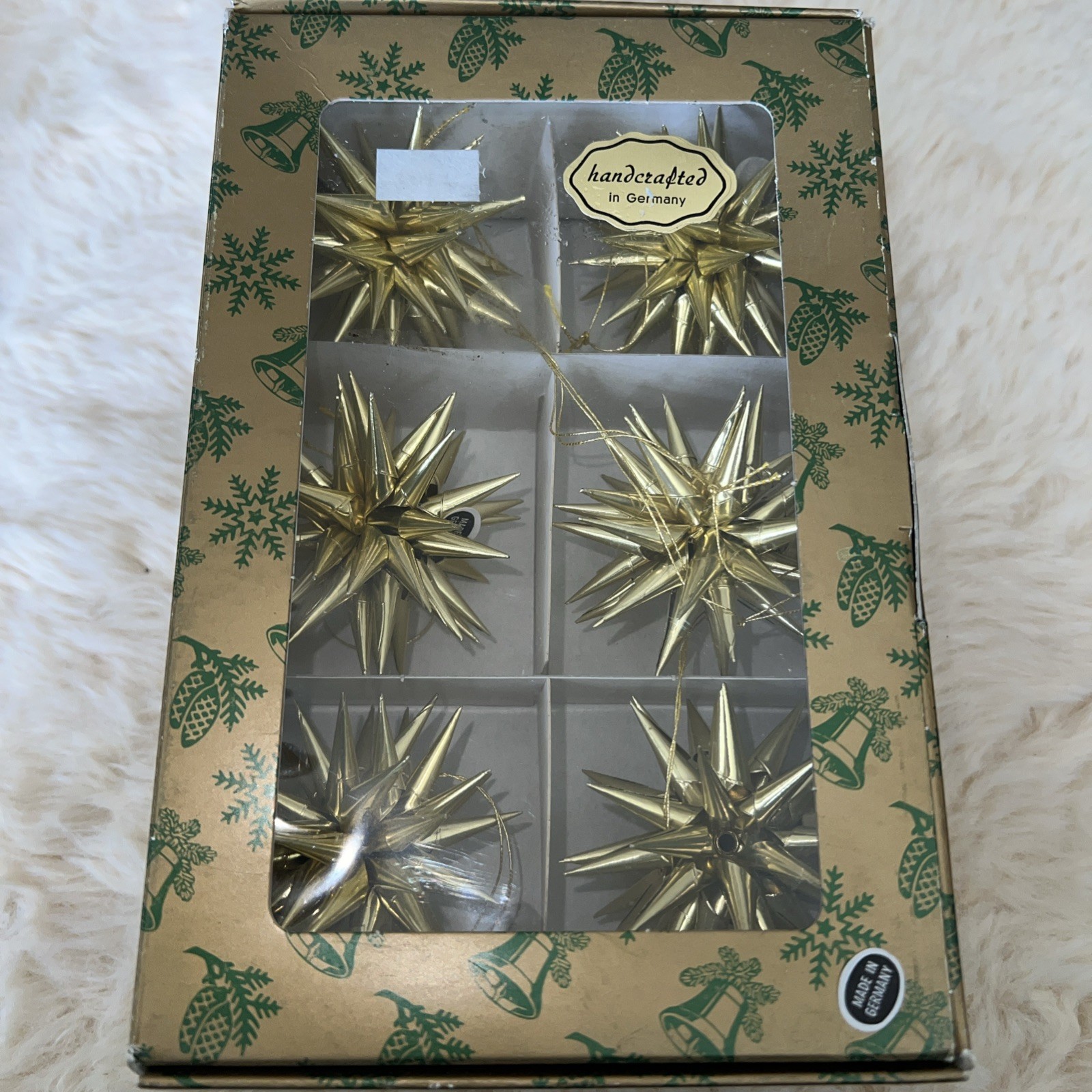 Vintage 60\'s Gold Foil Atomic Star Christmas Ornaments West Germany - 1 Box HTF