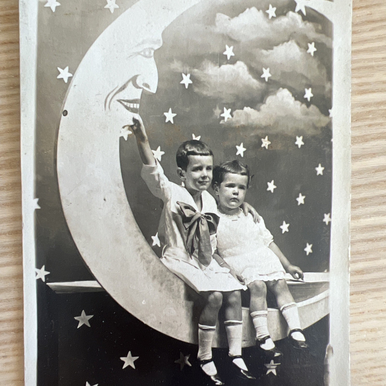 Adorable Boys On Paper Moon RPPC real Photo Postcard 1912 Adorable Boys On Paper Moon RPPC real Photo Postcard 1912