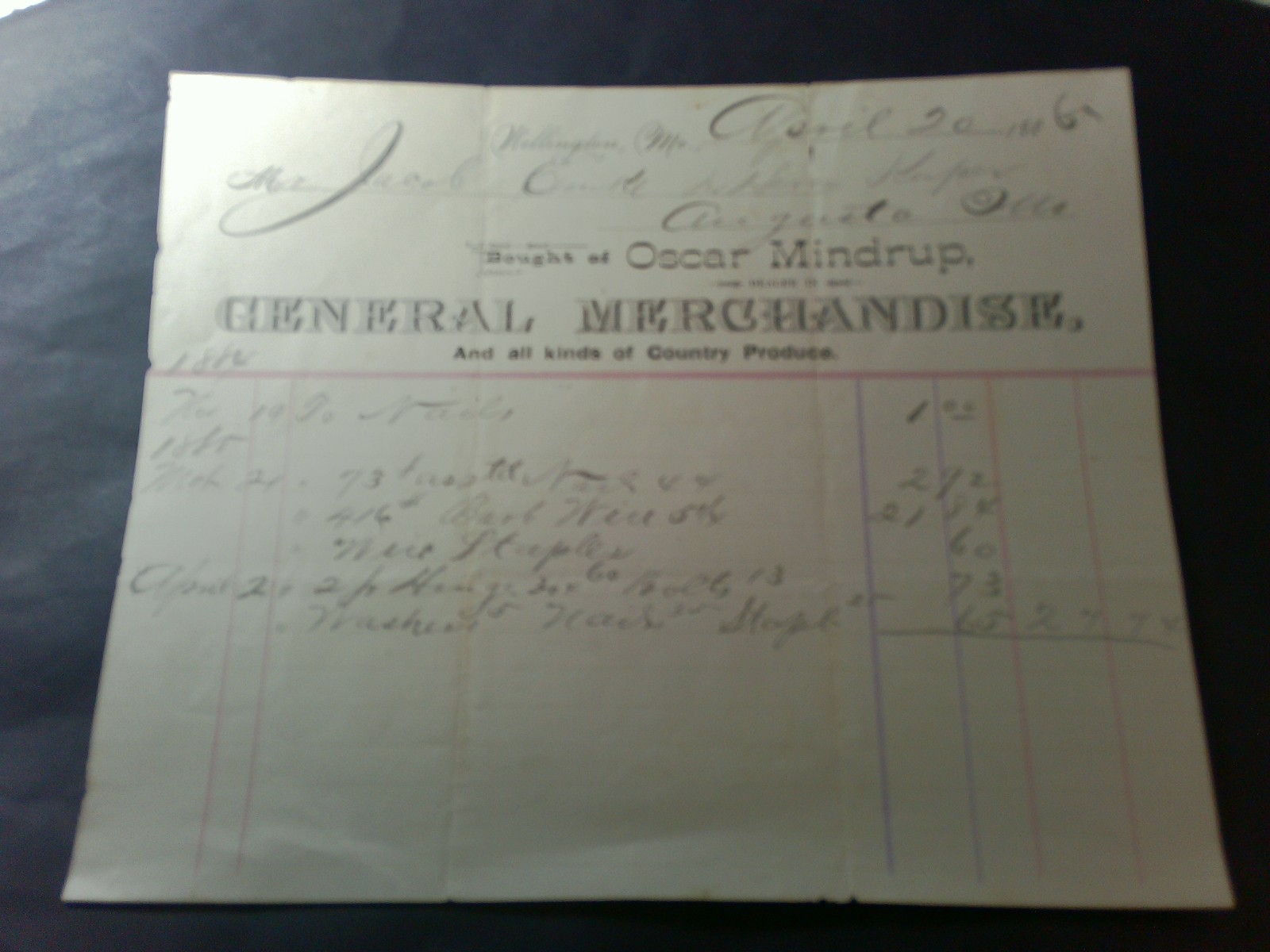 RARE 1885 LETTER OSCAR MINDRUP GENERAL MERCHANDISE STORE WELLINGTON MISSOURI