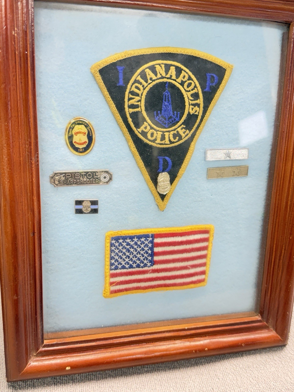 Vintage 1987 Indianapolis Police IPD Pan Am Games Badge Patch Shadow Box