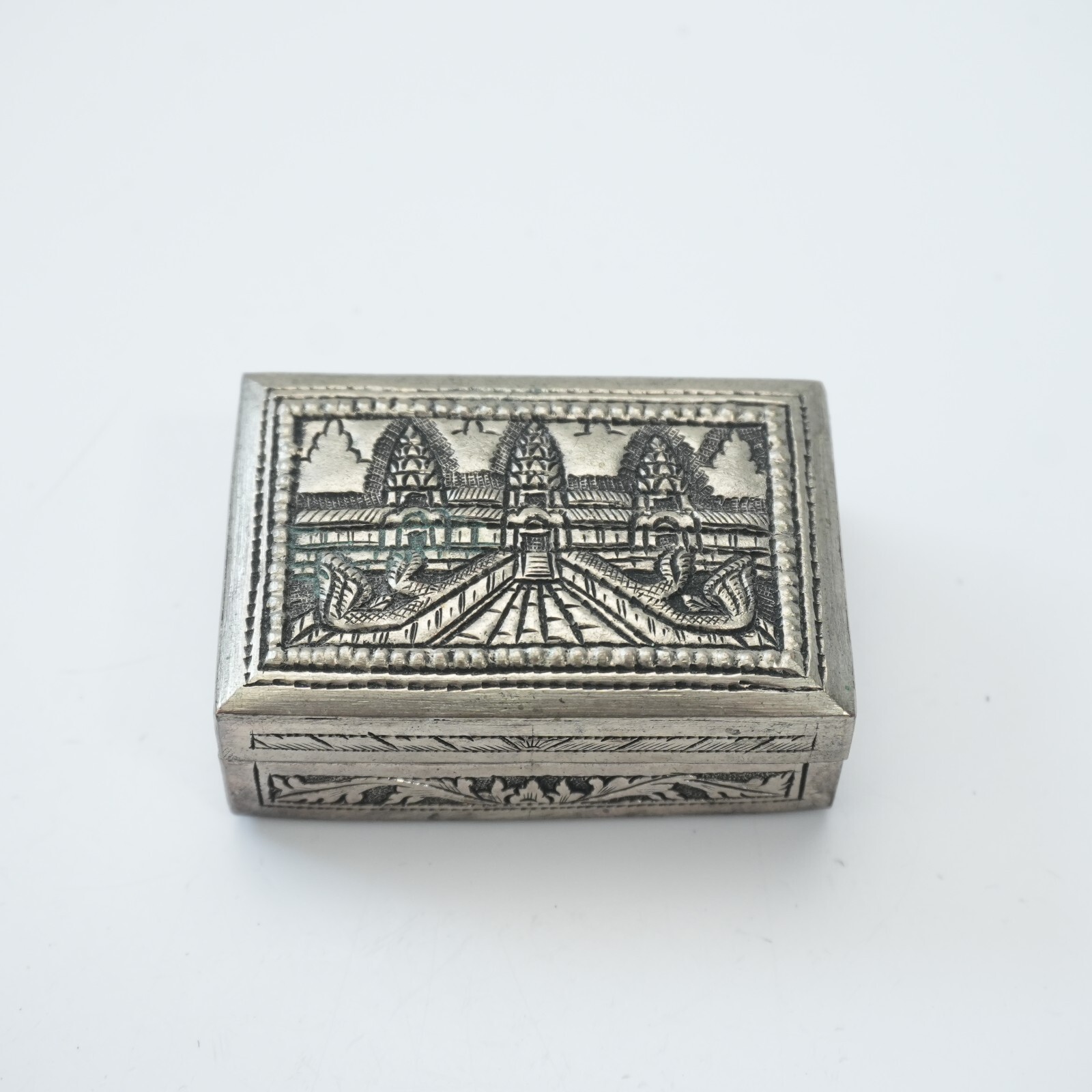 Vintage Cambodian Angkor Wat Temple Repousse  silver  Thom trinket Box