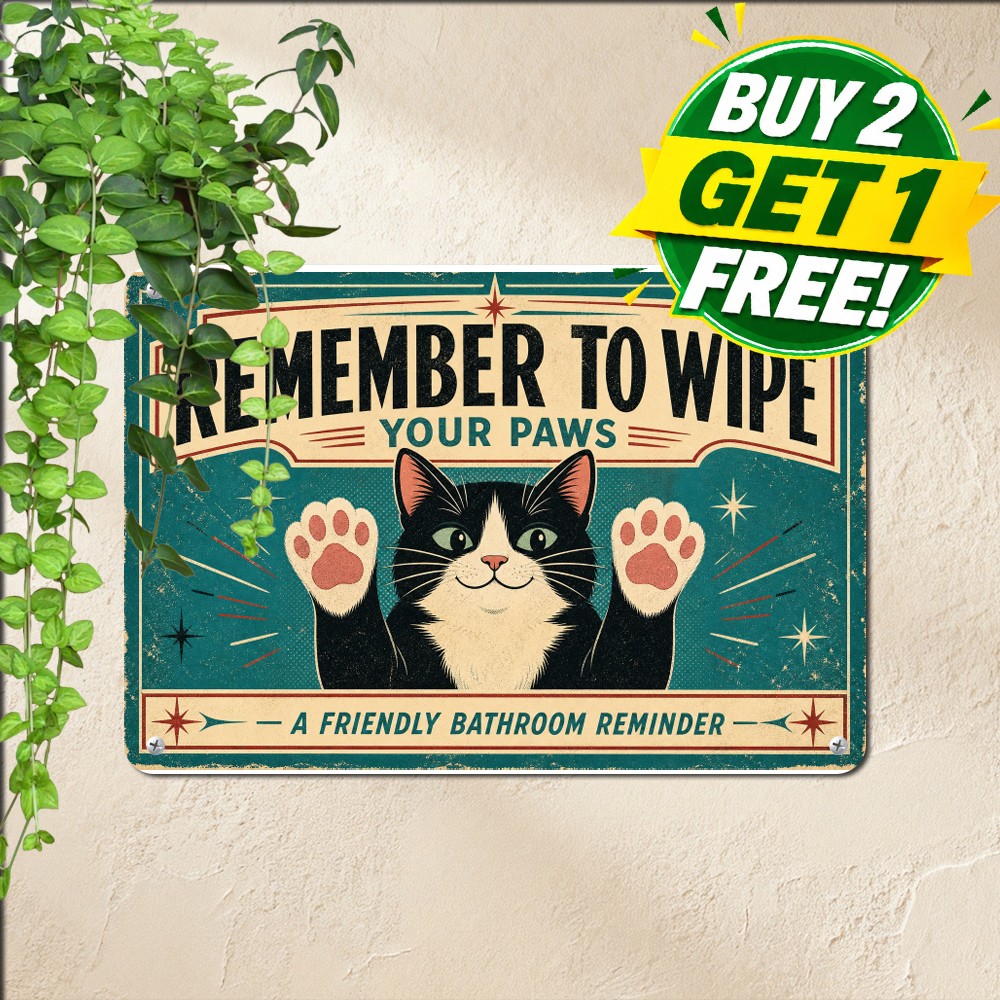 Tuxedo Cat Remember Wipe Restroom Toilet Humor Wall Poster Metal Tin Sign Plaque