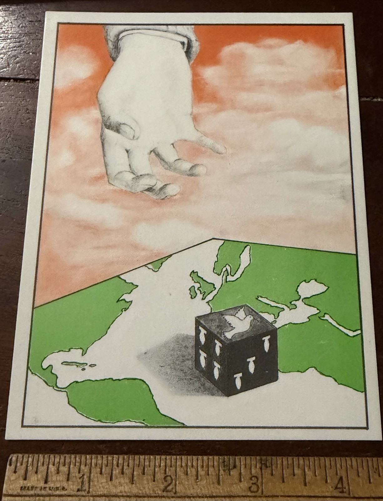 Surrealist Political, Postcard 1984,Hand over world Map, Black Die,Dove and Bomb
